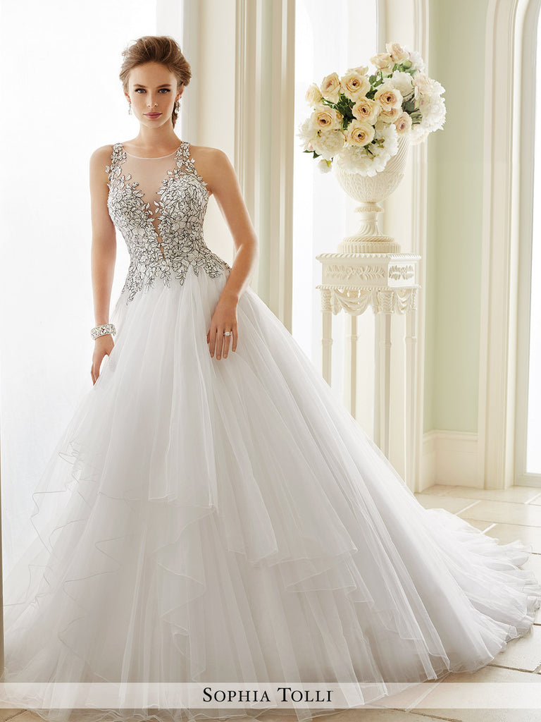 Sophia Tolli Sleeveless Misty Tulle With Slender Illusion Lace Straps Wedding Ball Gown
