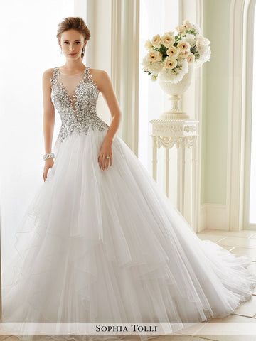 Sophia Tolli Sleeveless Misty Tulle With Slender Illusion Lace Straps Wedding Ball Gown