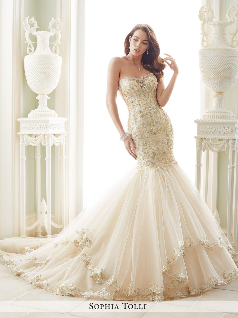 Sophia Tolli Strapless Tulle and Organza Trumpet With Metallic Lace Wedding Gown Sophia Tolli Strapless Tulle and Organza Trumpet With Metallic Lace Wedding Gown