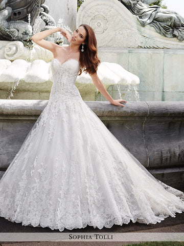 Sophia Tolli Strapless Light Tulle With Lace Appliqués and Scattered Allover Sequin Wedding Ball Gown