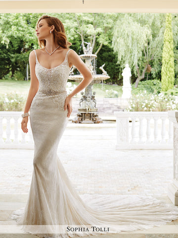 Sophia Tolli Sleeveless Allover Soft Lace With Hand-Beaded Illusion Thin Straps  Wedding Gown