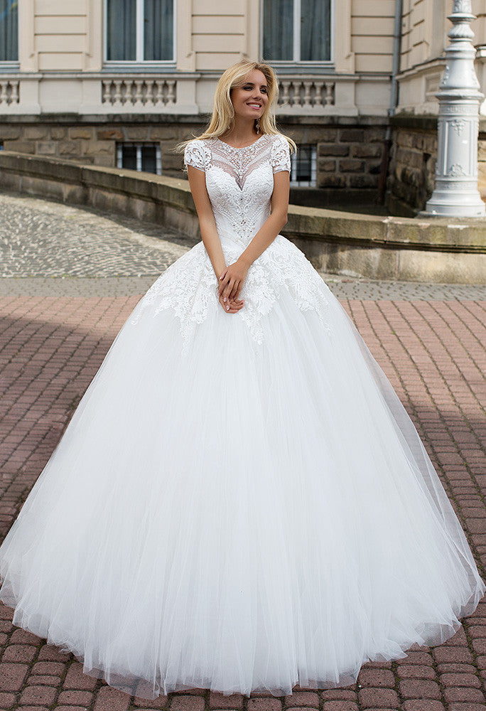 Lace tulle short sleeve rhinestone princess ball gown lace A-Line wedd Bela Bridal Lace tulle short sleeve rhinestone princess ball gown lace A-Line wedd Bela Bridal