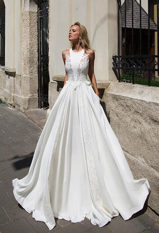 Lace satin princess ball gown lace A-Line wedding dress..