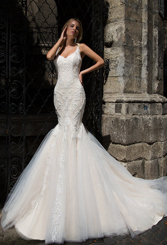 Lace sleeve ivory princess MERMAID lace wedding dress..